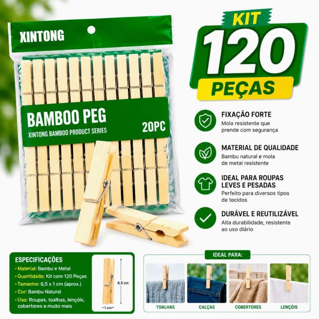 Kit 20 a 200 Prendedor Pregador de Roupa Madeira Bambu 6,5cm com Mola de Metal Resistente