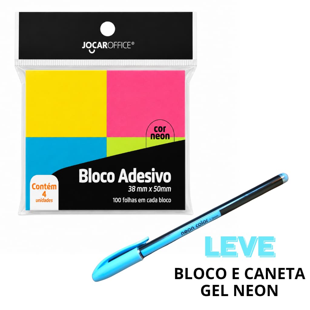 Kit Bloco Adesivo Neon 38x50mm 4 bls 100 fls cada Jocar Office  e Caneta Gel Neon Ponta 1.0 mm