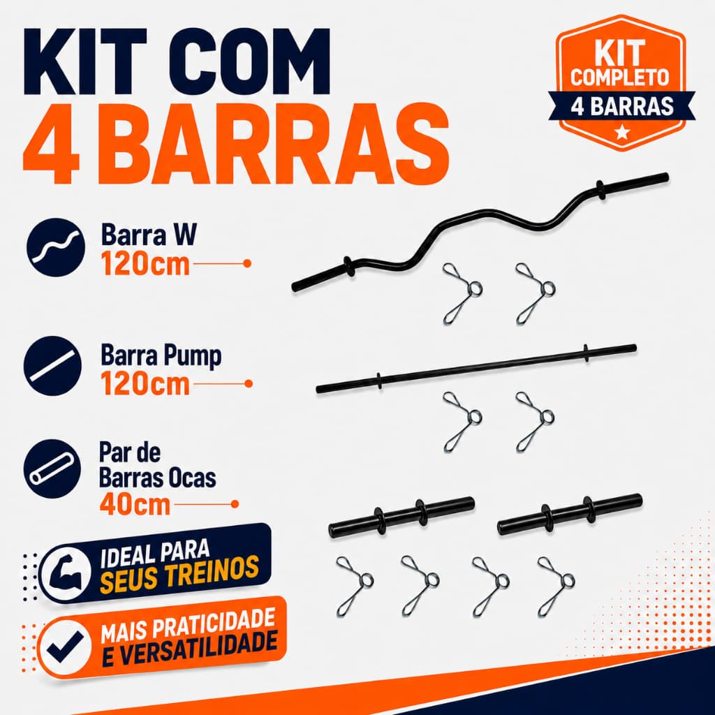 Kit Barras W Pump 120cm Tubular  Par Oca 40cm Presilhas Musculação Academia Treino Funcional Fitness