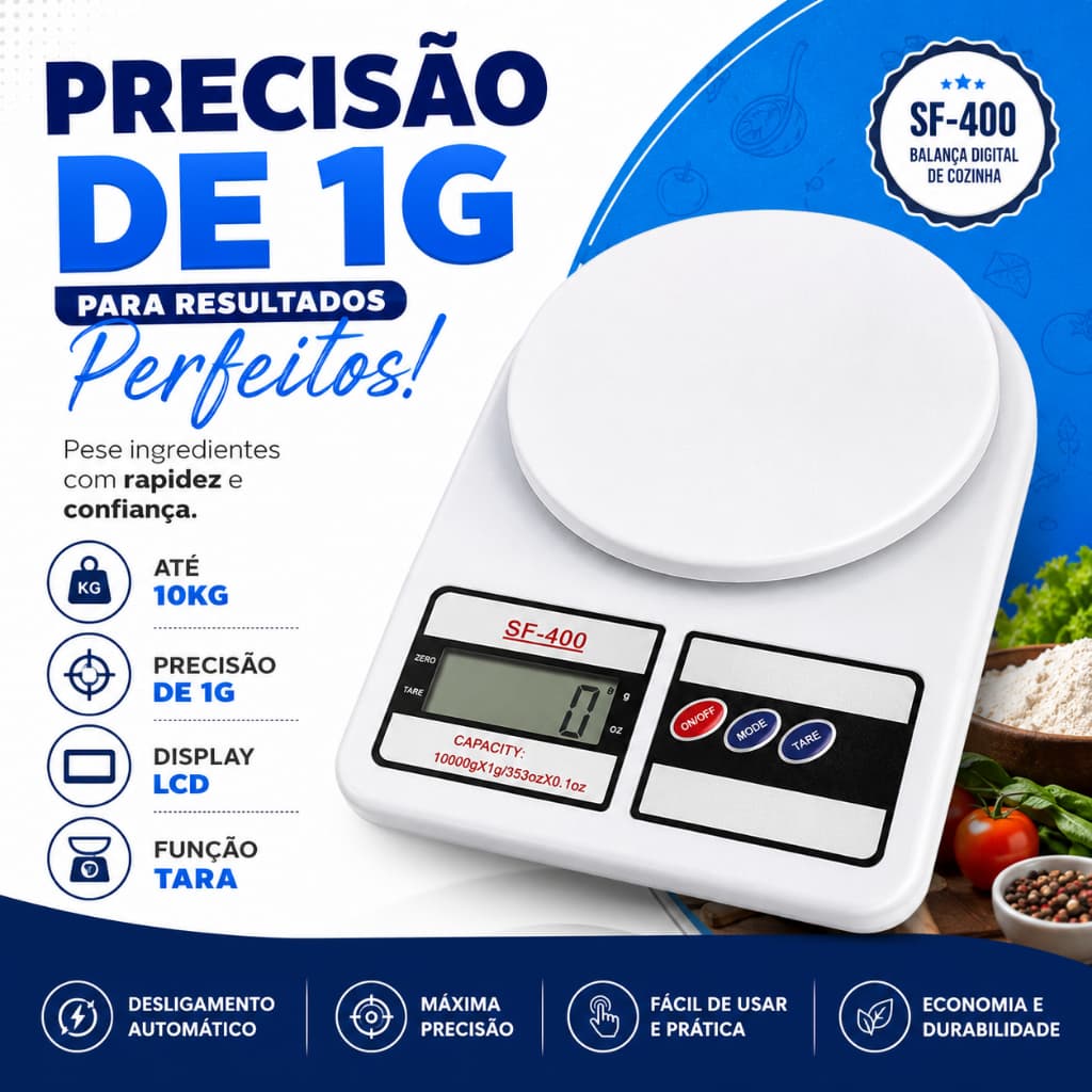 Balança Digital de Cozinha 10kg Precisão 1g com Função Tara LCD para Dieta Culinária e Nutrição