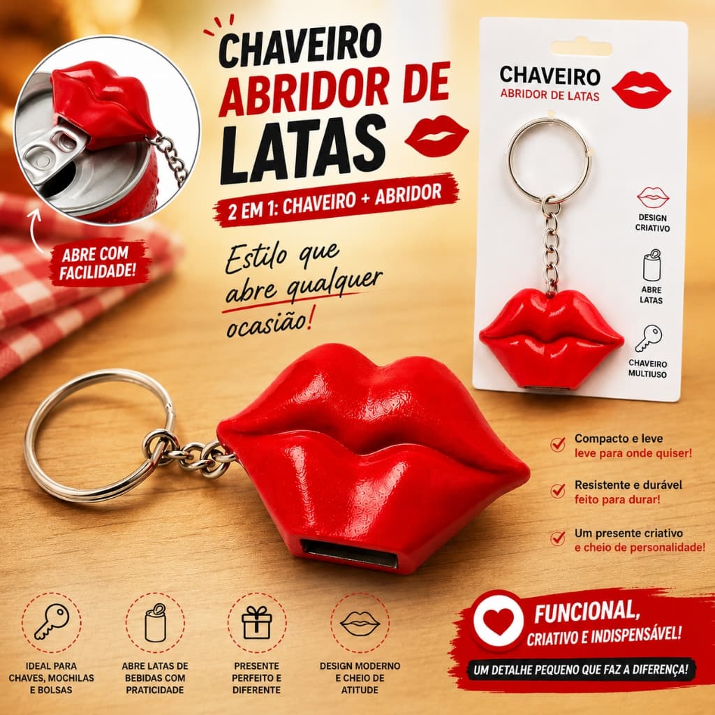 Chaveiro Abridor de Latas Boca Rosa  Multiuso  Presente Criativo Bar Festa