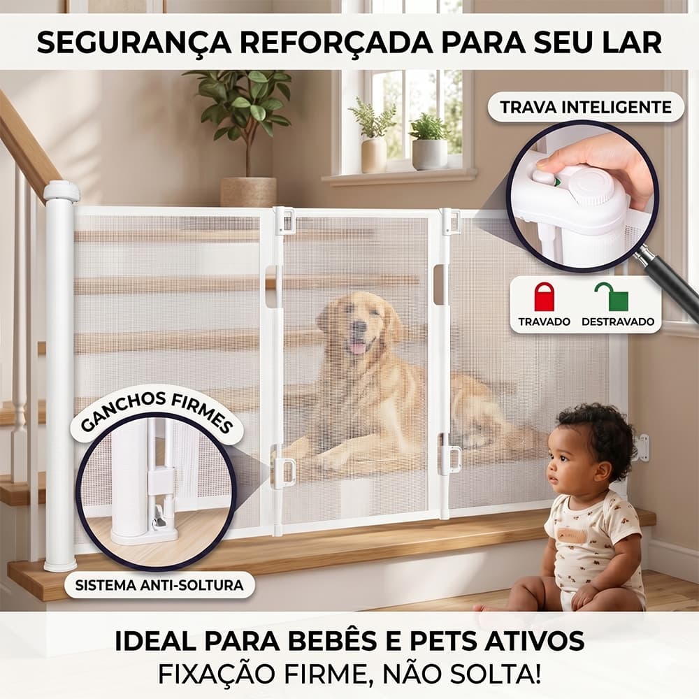 Grade de Proteção Portão Segurança Bebê Pet Retrátil Multiuso Ajustável Resistente 300cm 500cm Branco Cinza Preto
