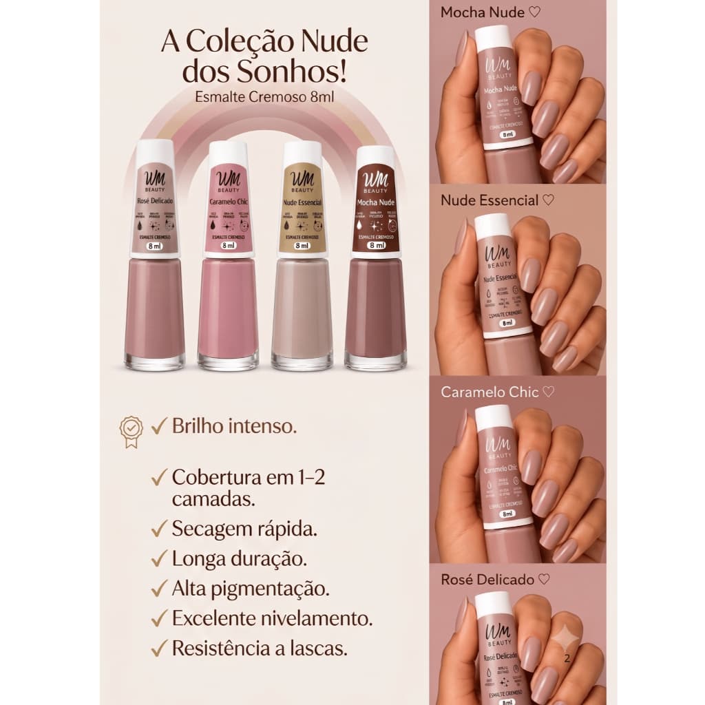 Kit 4 Unidades WM Beauty Coleção Nude dos Sonhos – 4x 8ml | Alta Cobertura, Brilho Intenso e Secagem Rápida