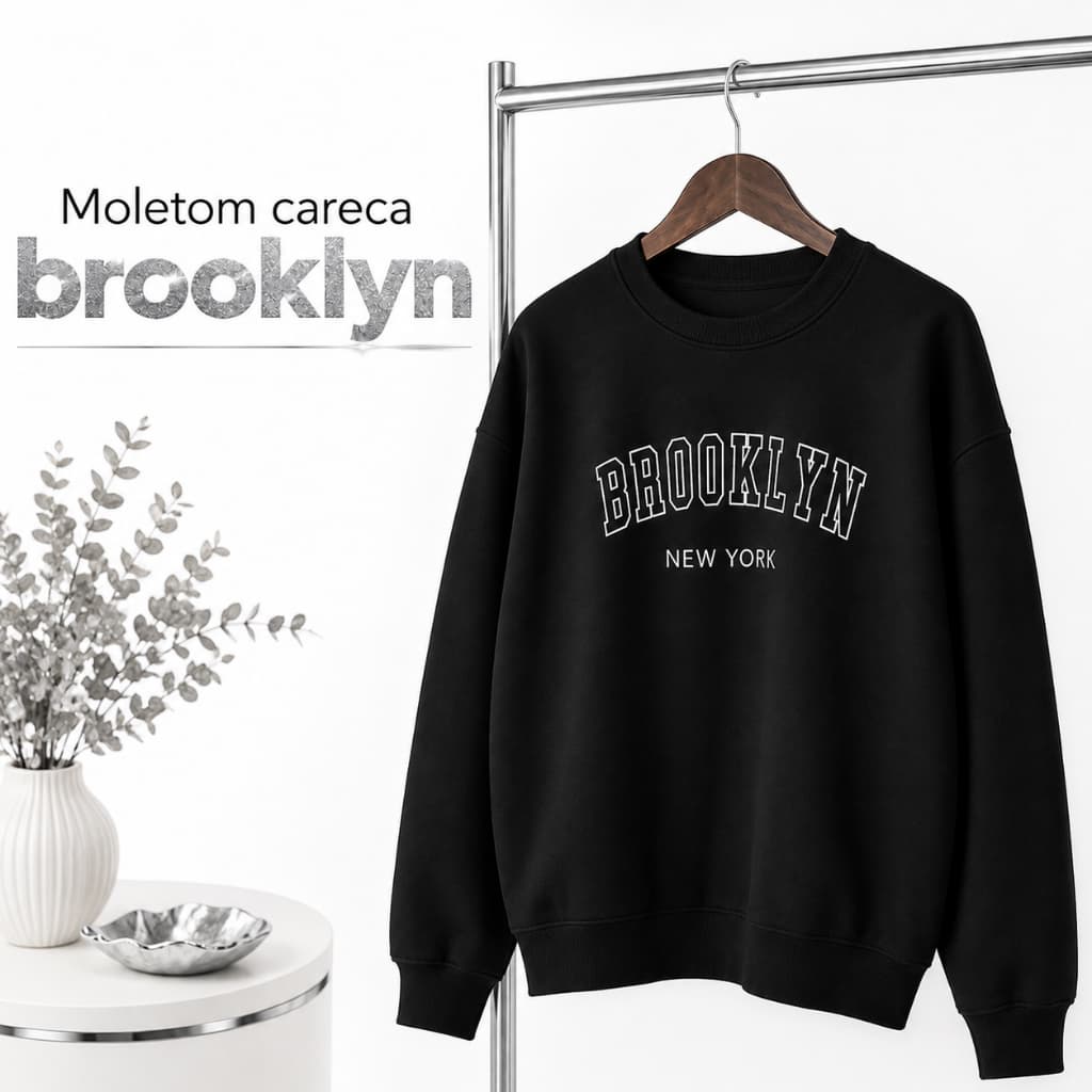Moletom Careca Brooklyn Feminino Oversized Blusa de Frio Casual Manga Longa Inverno Confortável