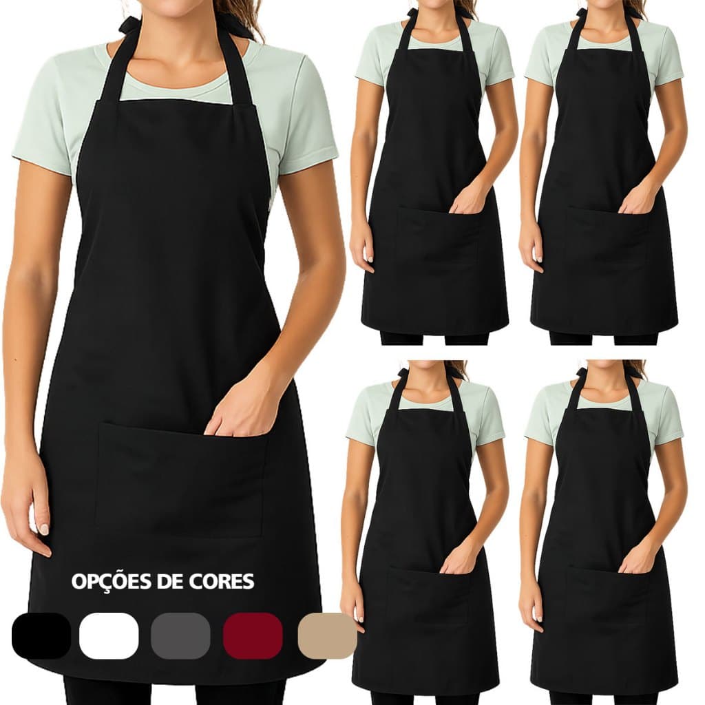 Kit 5 Avental Inteiro Oxford Garçom e Cozinha de Amarrar Bolso Frontal Preto Cinza Bege Branco Bordô