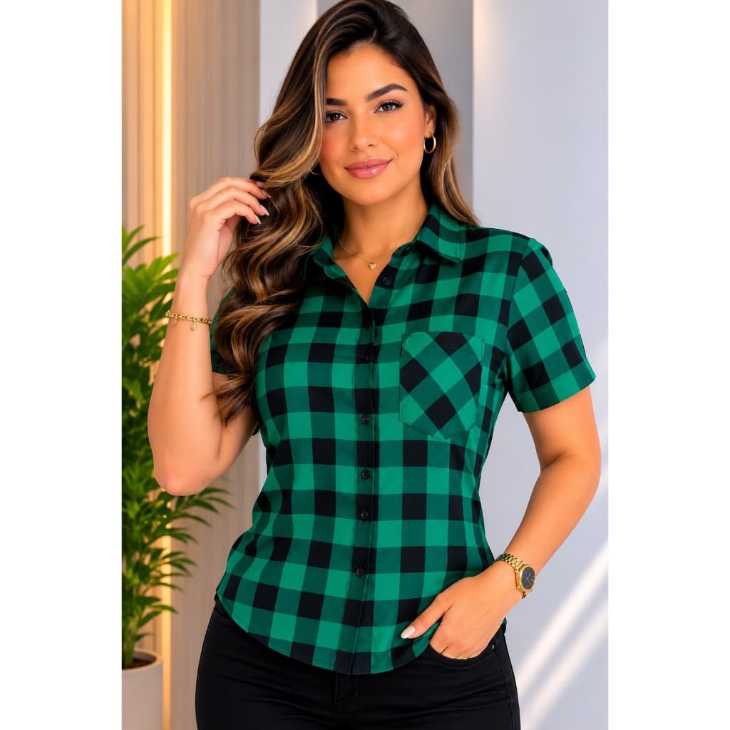CAMISA XADREZ MAX MANGA CURTA COM BOTÃO E GOLA feminina