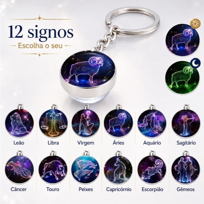 Chaveiro Luminoso 12 Signos Zodíaco Metal Brilha no Escuro Pingente Bolsa e Chaves