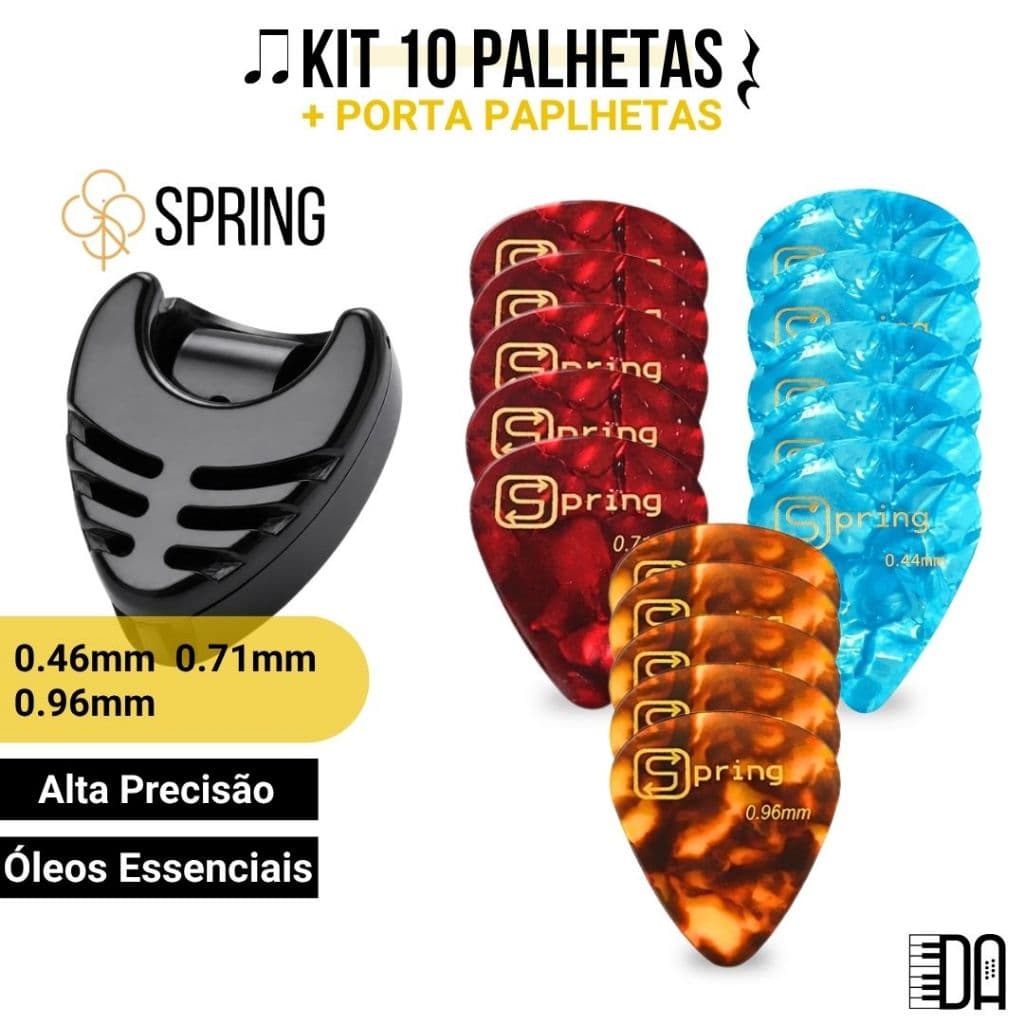 Kit 10 Palhetas Spring e Porta Palhetas Para Violão e Guitarra  0.46mm 0.71mm e 0.96mm