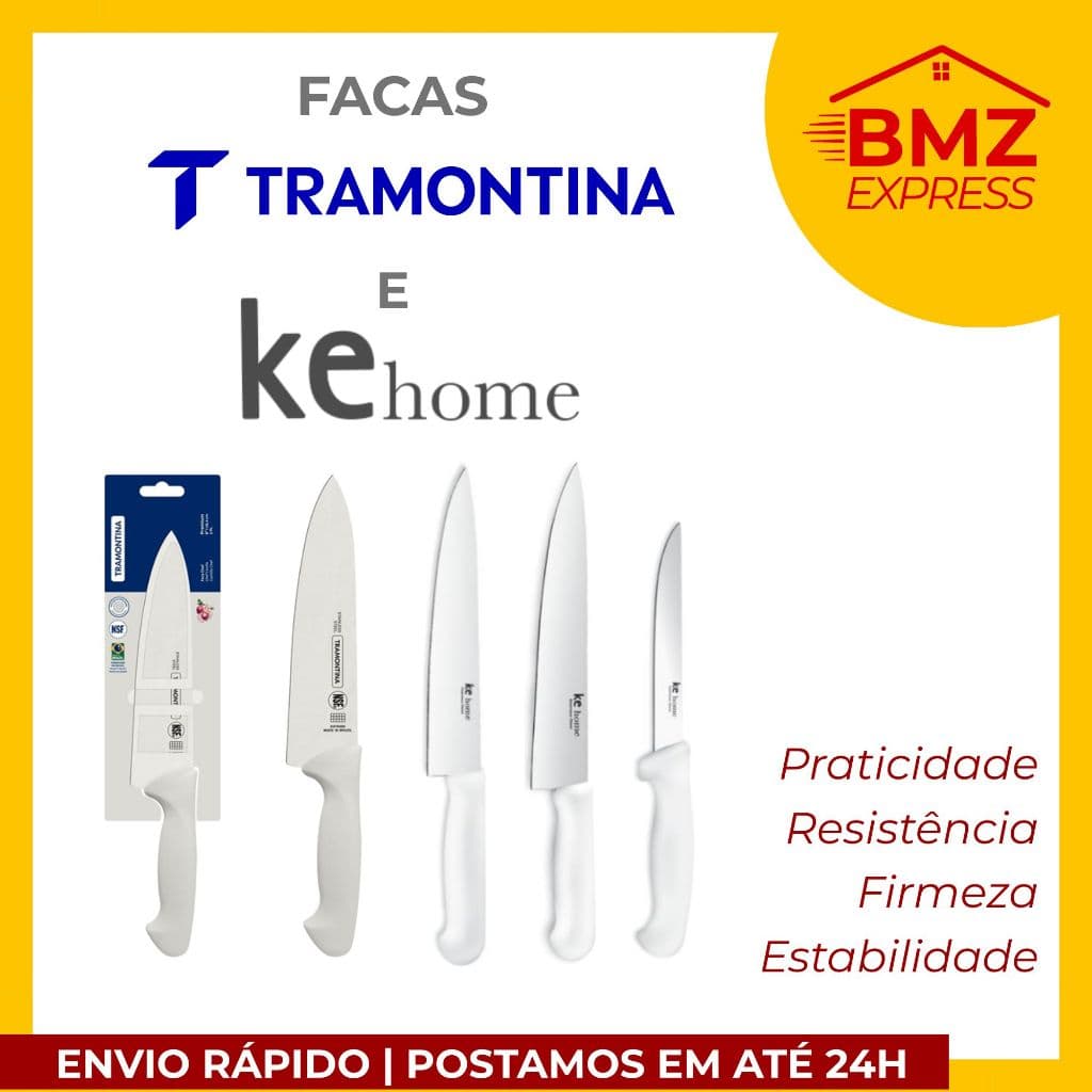Faca Chef Premium Tramontina ou KeHome Inox com cabo branco-tamanhos 6/8/10 - qualidade profissional