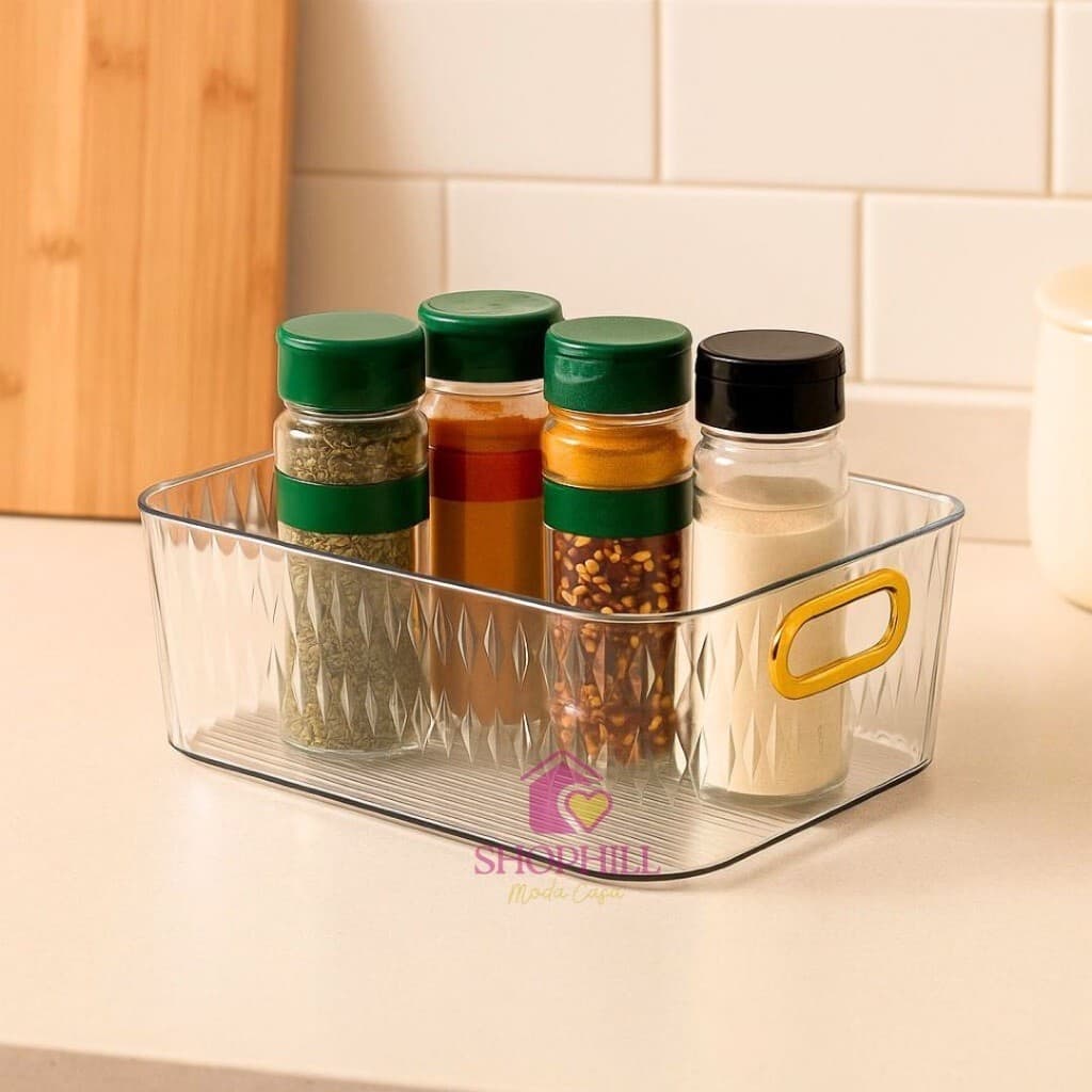 Caixas Organizadoras Decorativas Alça Dourada Transparente Multiuso