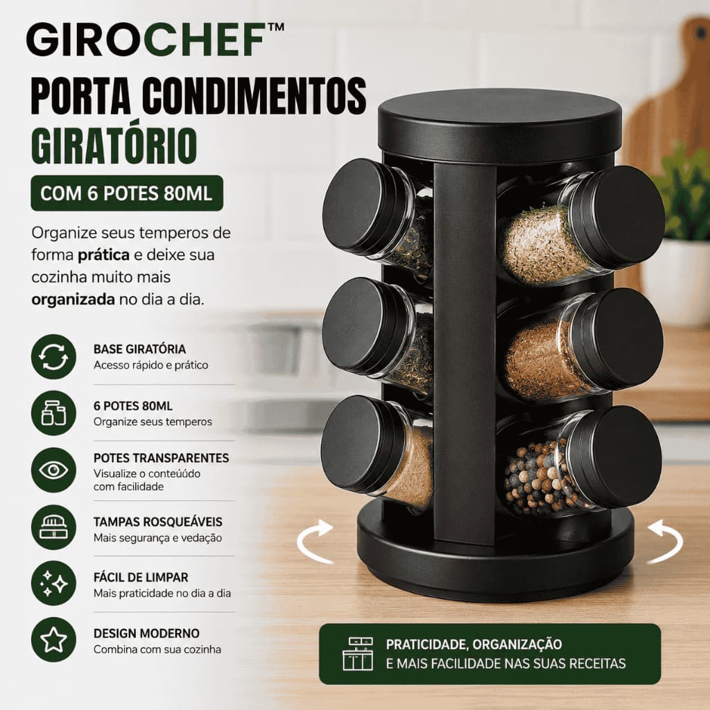 GiroChef™ Porta Condimentos Giratório com 6 Potes de Vidro 80ml Organizador de Temperos Preto