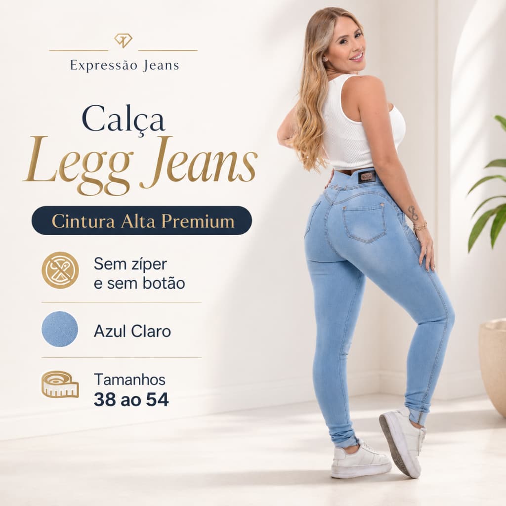 Calça Legg Jeans feminina cintura alta sem zíper e sem botão