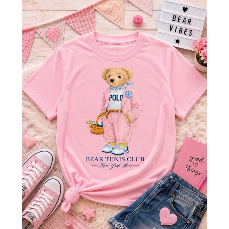 Camiseta Infantil Menina Ursinho Polo Estampada Algodão Moda Infantil Premium