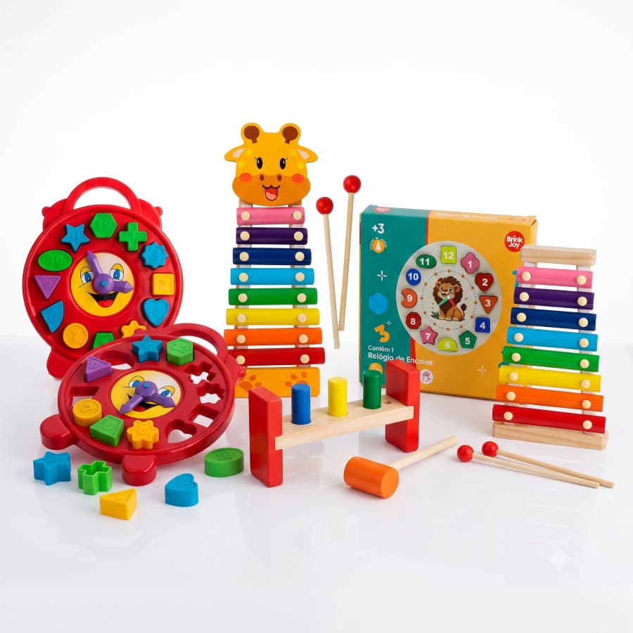 🧸 Kit Desenvolvimento Inteligente Bate Pinos Xilofone Relógio Geométrico Brinquedos Educativos em Madeira e Plástico