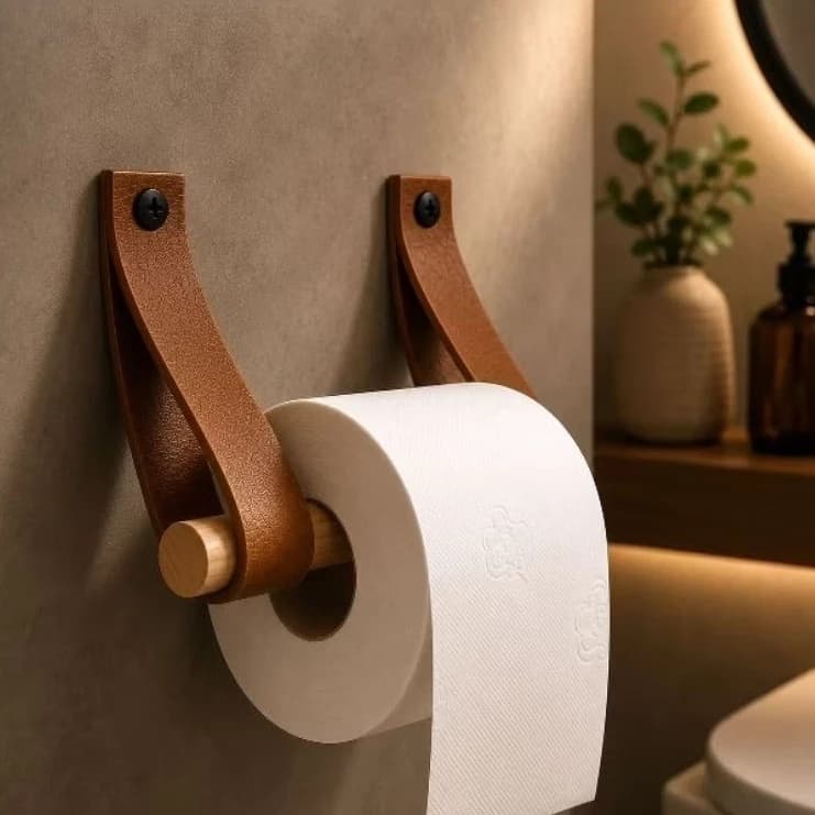 Porta-papel higiênico em couro sintético e haste de madeira para banheiros.