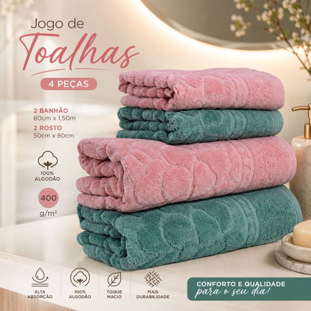 Jogo De Toalhas Banhão Rosto Gigante 4 Peças Toque Super Macio 100% Algodão Ótima Absorção Macia Florença