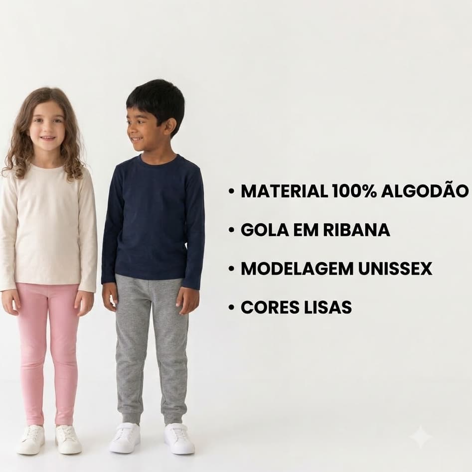 Kit Camiseta Manga Longa Infantil Inverno Meia Estação Básica Volta As Aulas Unissex Escolar 100% Algodão