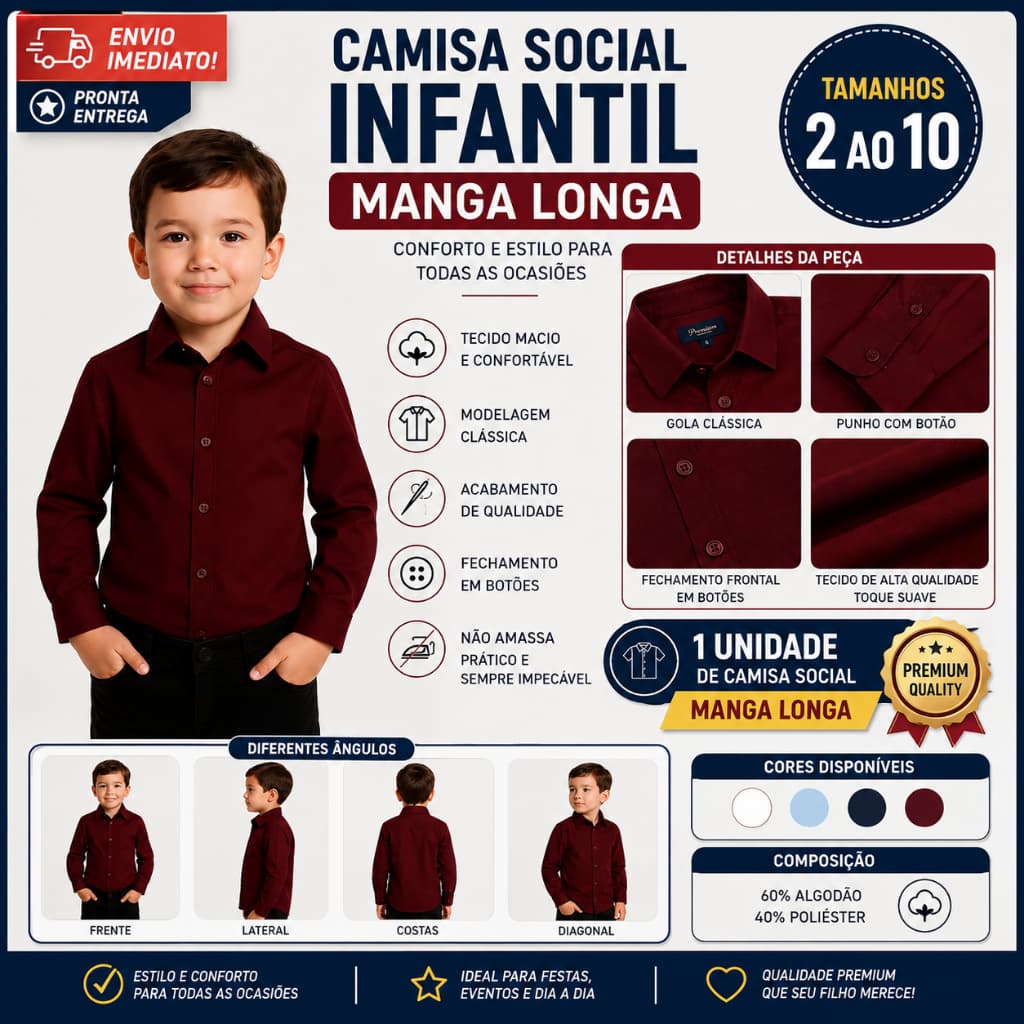 Camisa Infantil Social Manga Longa Confortável Premium Menino Tam 2 ao 10 ENVIO IMEDIATO !!!