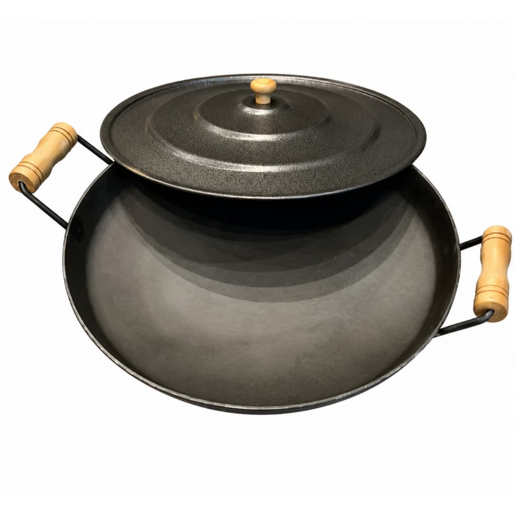 Disco Chapa de Arado Bifeira Aço Rústico Reforçado com Alças de Madeira. 52cm- Com ou Sem Tampa e Formato Original
