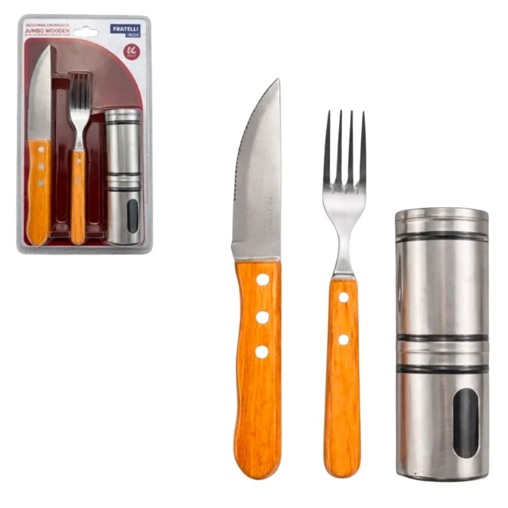 Kit Churrasco Garfo Faca Pota Condimentos Jumbo Wood