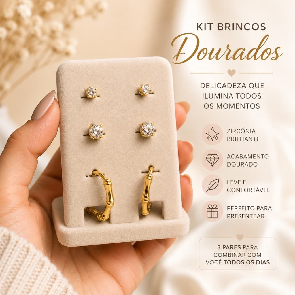 Kit 3 Pares de Brincos Dourados Femininos com Pedras e Argola