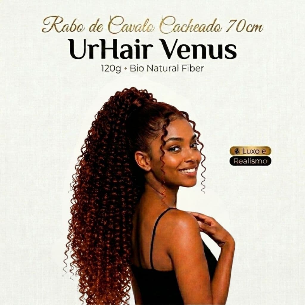 Aplique Rabo de Cavalo Cacheado 70cm UrHair Venus Fibra Bio Natural 120G Cabelo Premium Castanho Com Mel