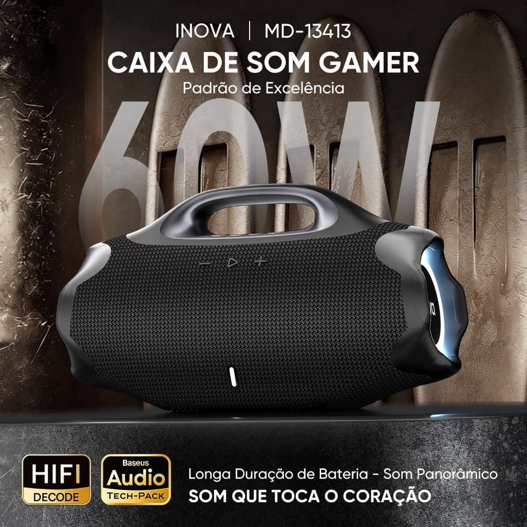 INOVA Caixa de Som Bluetooth Graves Potentes Som Estéreo Longa Duração da Bateria Ideal para Festa em Família RGB IPX6