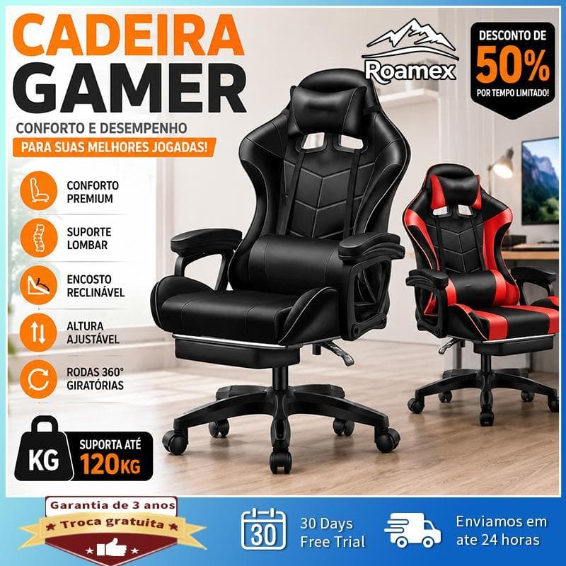 【Roamex】Cadeira Gamer Ergonômica Reclinável com Apoio Lombar Altura Ajustável Rodas 360 Suporta 120kg Home Office