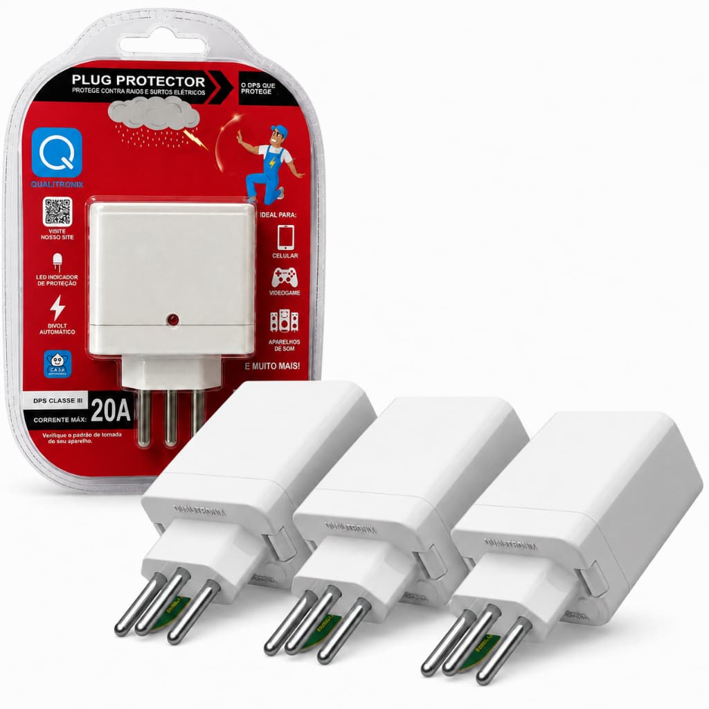 KIT 3 Protetor De Rede Plug Protector Qualitronix DPS Classe III Bivolt 20A Branco Contra Surtos, Raios