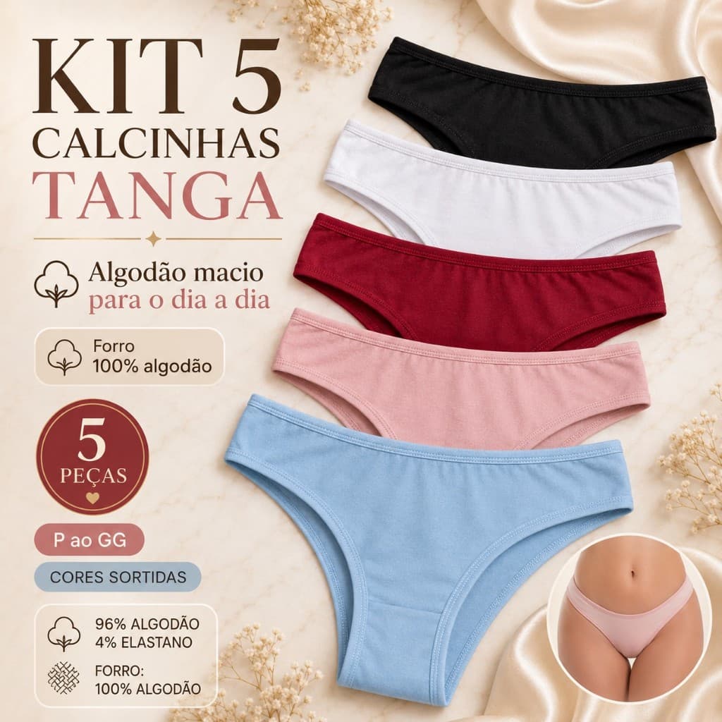 Kit 5 Calcinhas Tanga Feminina Algodão Cintura Baixa Macia Confortável Forro 100% Algodão P ao GG