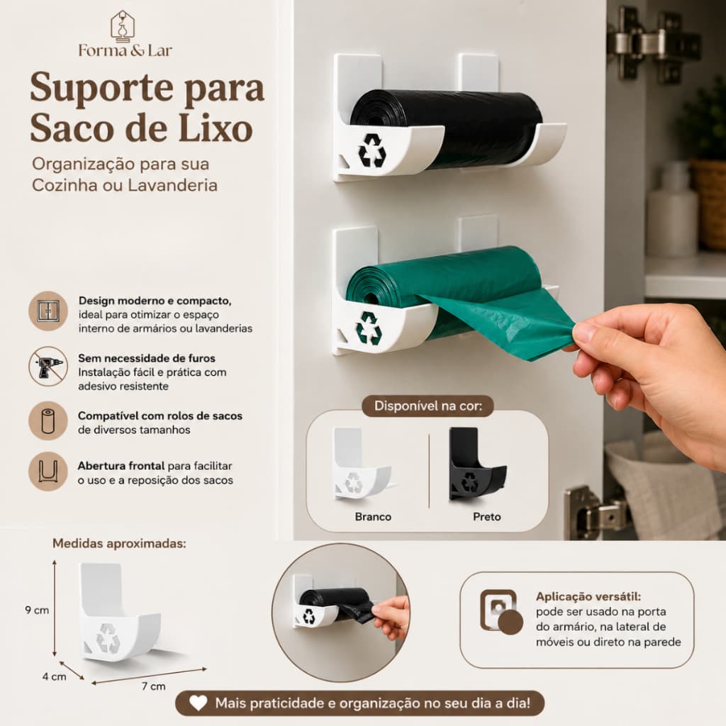 Suporte para Rolo de Saco de Lixo Organizador Adesivo Sem Furar Compacto Cozinha Banheiro lavanderia