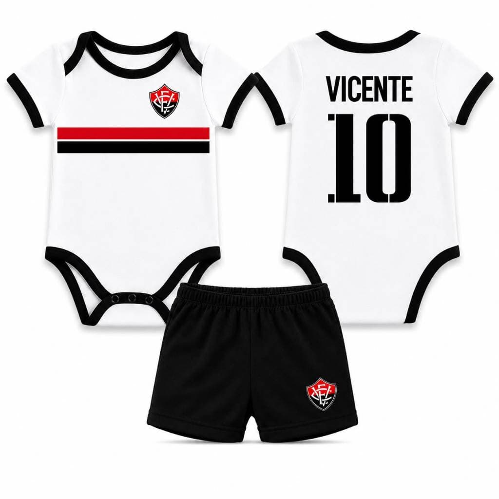 Body de Bebê Personalizado c/ Nome Time Vitória + Shortinho 100% Algodão Antialérgico Futebol Festa