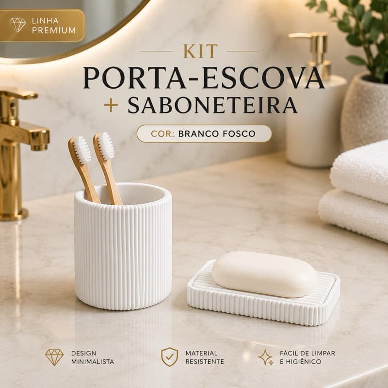 Kit Banheiro Porta Escova de Dente e Saboneteira Branco Fosco Minimalista