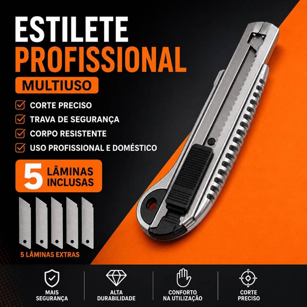Estilete Profissional Multiuso em Metal com Trava de Segurança + 5 Lâminas Inclusas para Papelão, Papel, Plástico e Arte