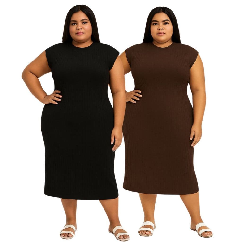 Kit 2 Vestido Plus Size Feminino Midi Manga Curta Básico Curve Canelado