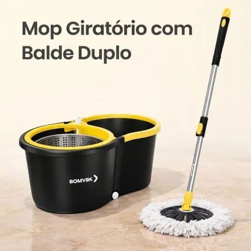 Mop Giratório 360° Balde Duplo com Cabo e Cesto de Aço Inoxidável