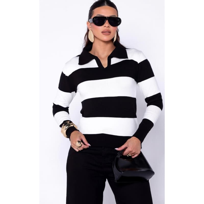 Blusa Casaco de Tricô Listrado Com Gola Manga Longa