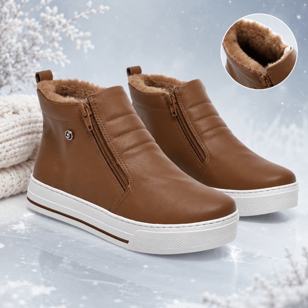 Bota Feminina Via Marte Inverno PelinhoTenis Cano Curto Plataforma Confortável Preta Marrom SlipOn