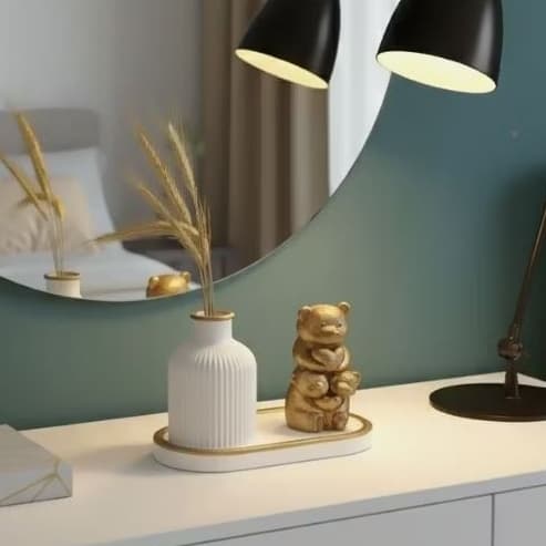 Urso Família Dourada Abstrata + jarrinho Canelado Branco C/ Bandeja – Enfeite Quarto Infantil Mesa