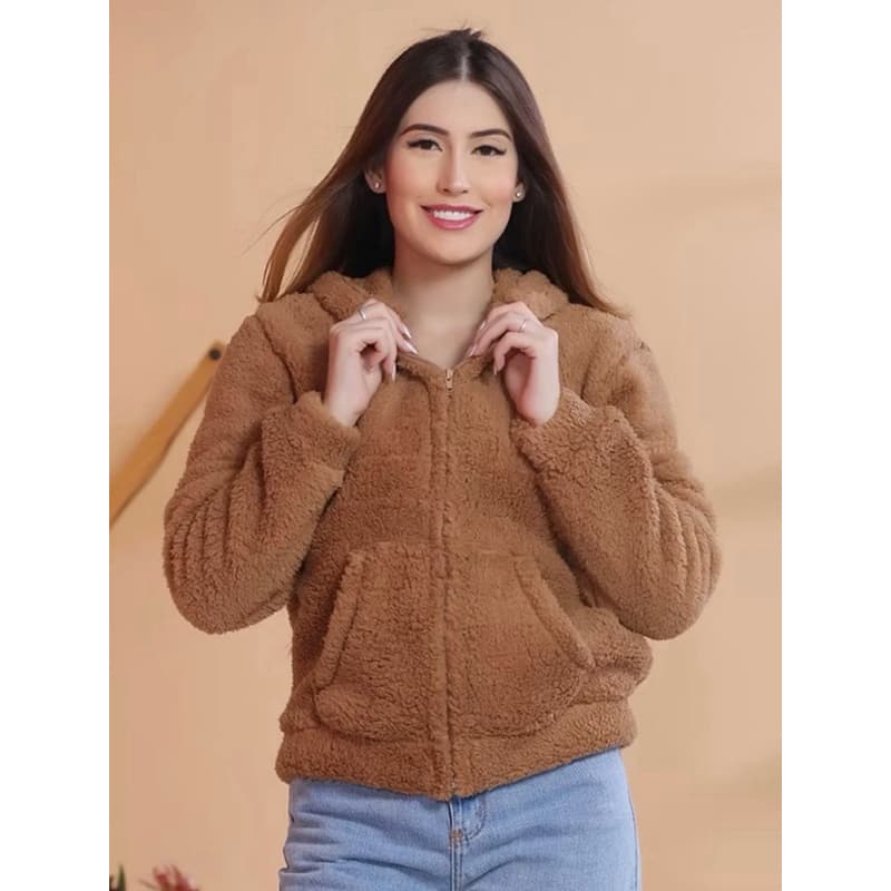 JAQUETA FEMININA DE FRIO COM CAPUZ E ZÍPER CASACO PELINHOS BLUSÃO INVERNO BLUSA