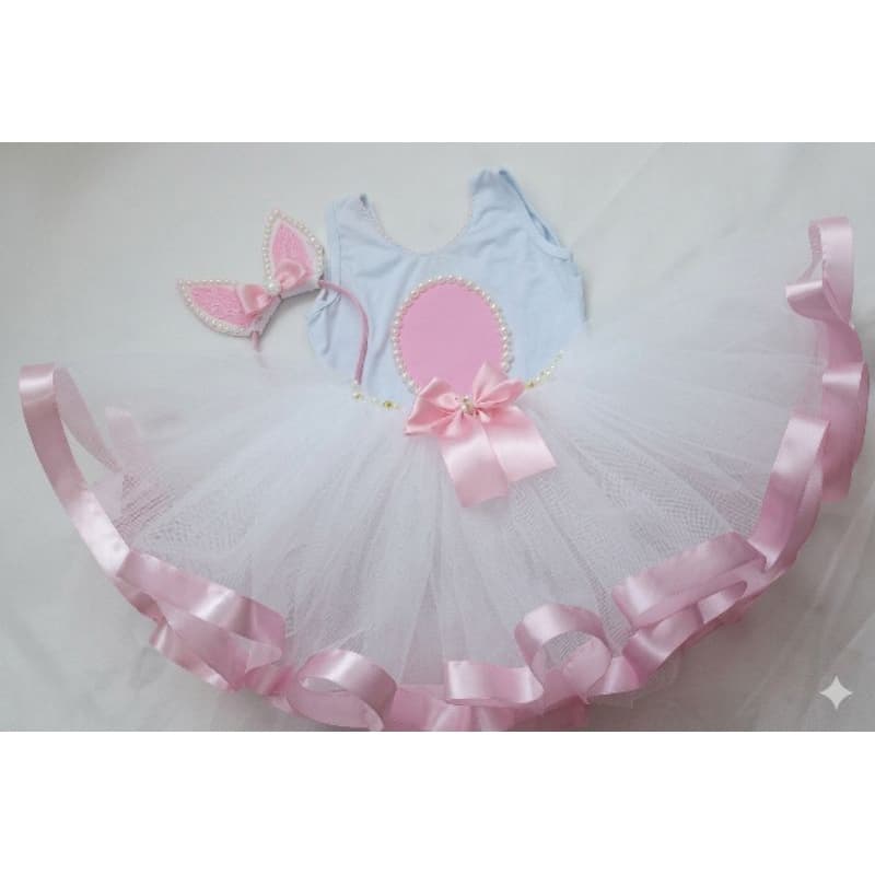 Fantasia Coelhinha Infantil Luxo - Conjunto Bailarina Páscoa Com Saia Tutu Tule, Body Com Pérolas E Tiara Orelhinha