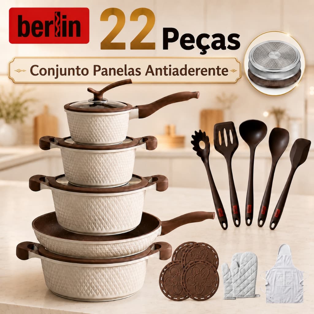 berlin Jogo de Panelas 22 Peças Antiaderente Indução Gás Conjunto Várias Cores