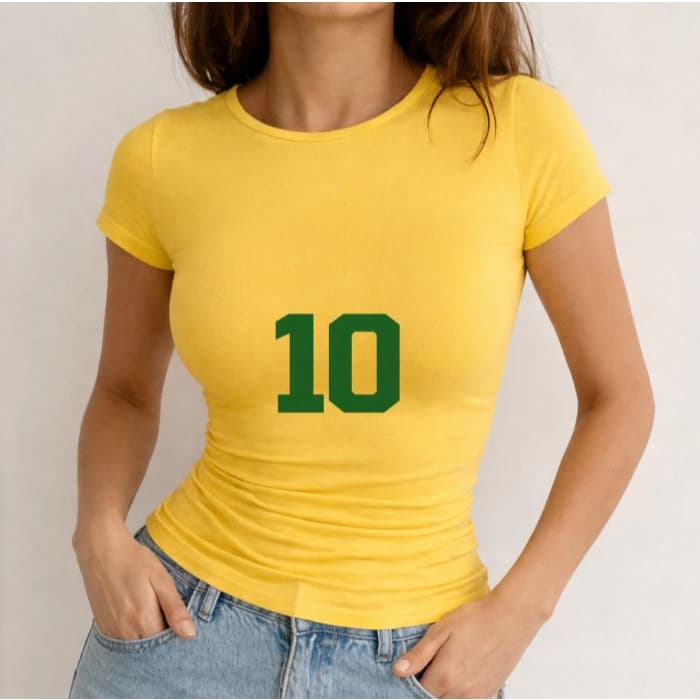 Camisa Feminina Baby Look Blogueirinha Verão 100% Algodão Amarela World Cup T-Shirt Slim 50% OFF !