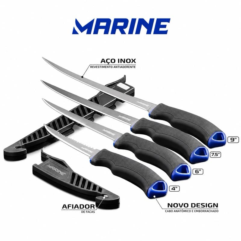 Faca Fileteira em Aço Inox - Marine Sports - Fillet Knife - Cabo Emborrachado Antiaderente