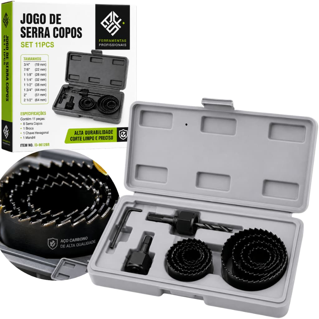 Kit Serra Copo 11 Peças Madeira PVC MDF Drywall Com Maleta