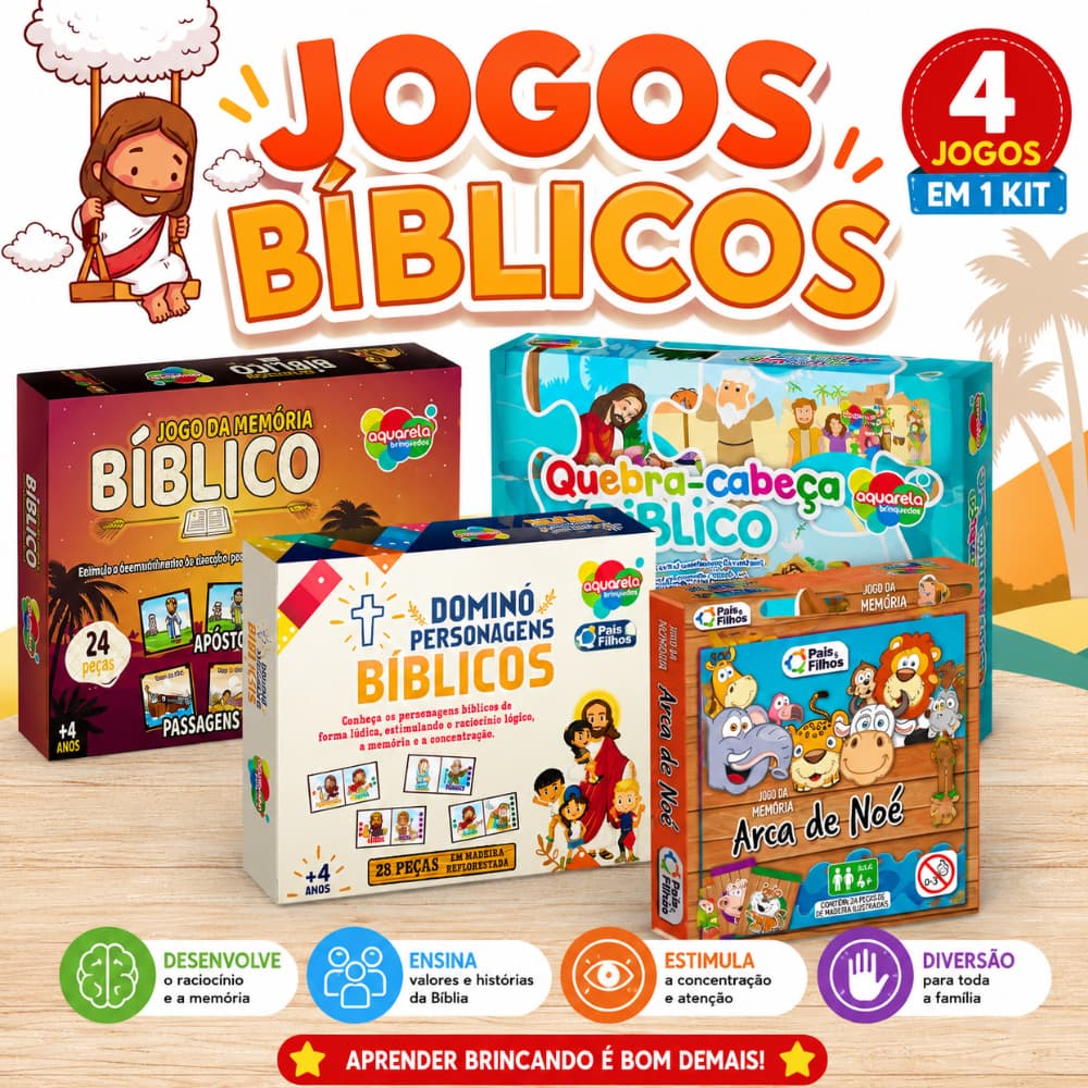 Kit 5 4 3 Jogo Bíblico De Cartas Passagens Bíblicas Arca De Noé + Memória + Dominó + Quebra Cabeça e Jogo do Judas.