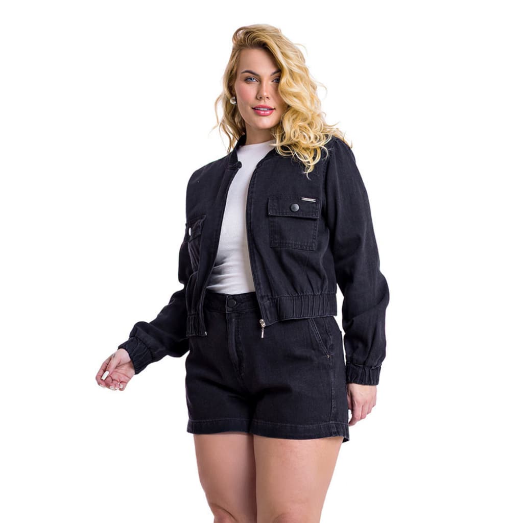 Jaqueta Bomber Plus Size Jeans Estonado com Zíper e Elástico Casaco Inverno