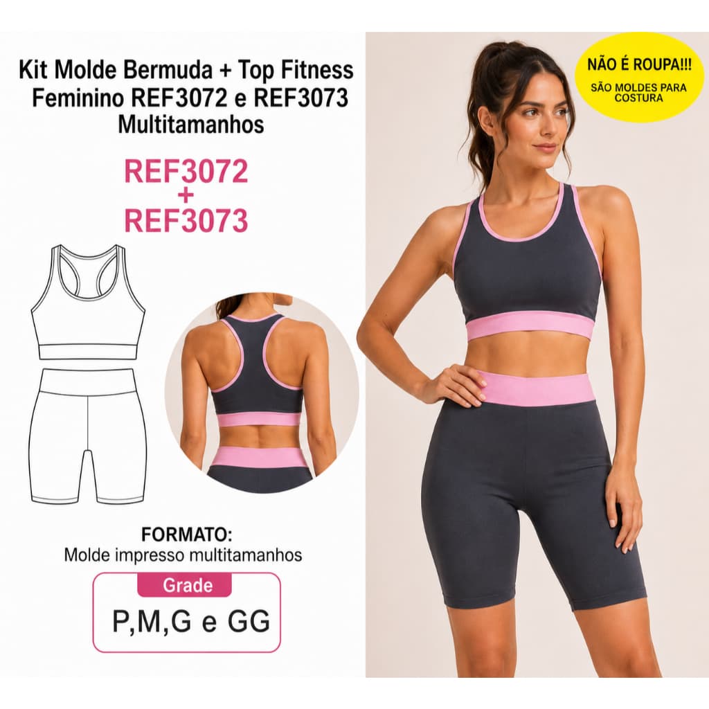 Kit Molde Bermuda + Top Fitness Feminino REF3072 e REF3073 Multitamanhos P, M, G e GG Impresso 120g