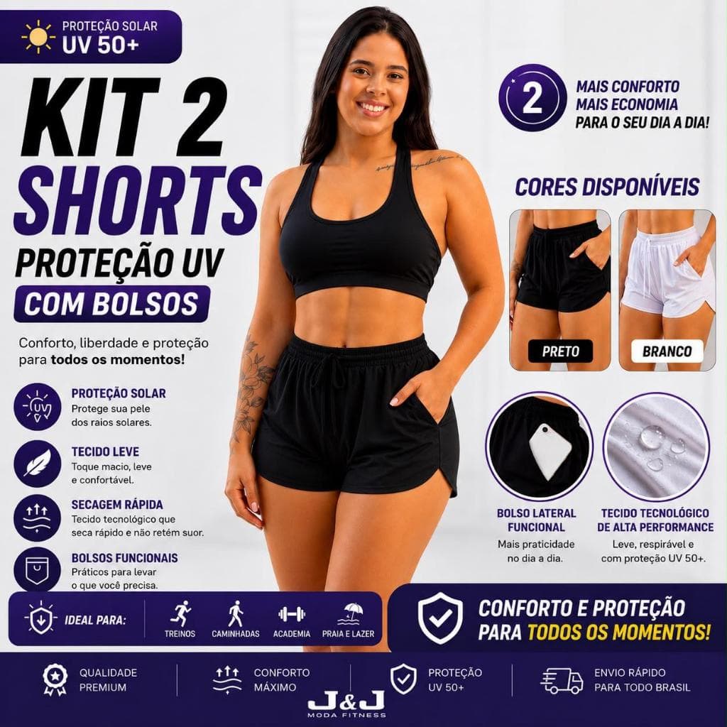 Kit 2 Shorts Feminino Poliamida Proteção Solar UV 50+  Academia Corrida Praia Com Bolsos Cintura Alta
