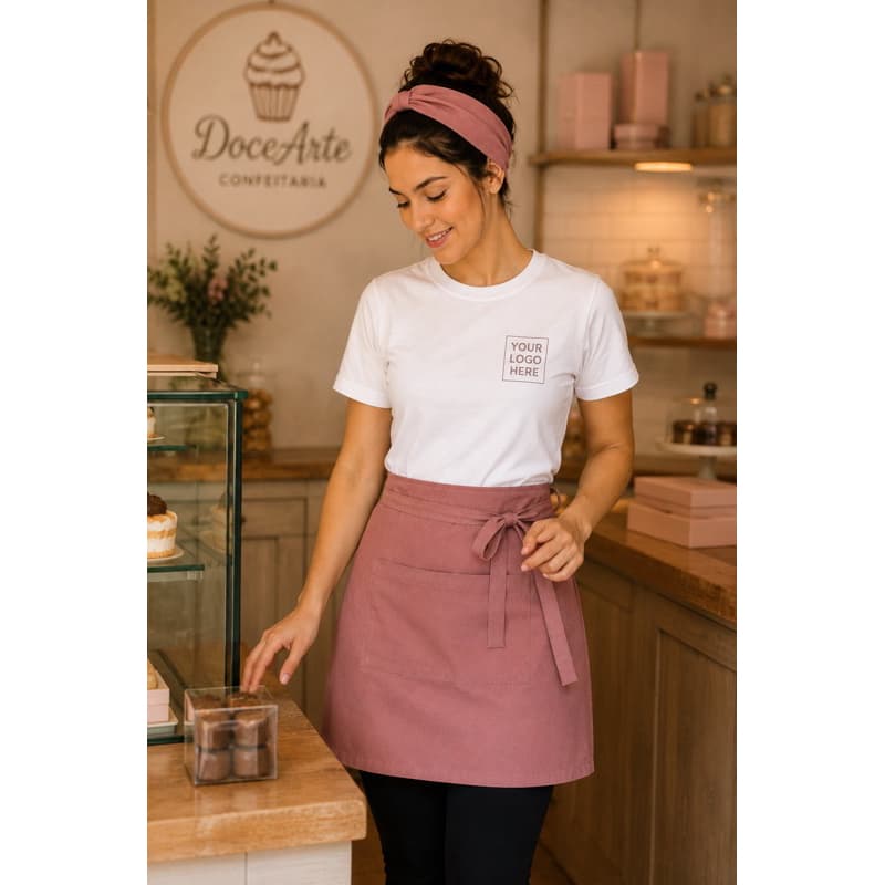 Nº 1 Kit Uniforme Confeitaria Personalizado Com Logo Bordado Camiseta Avental Faixa Profissional Feminino